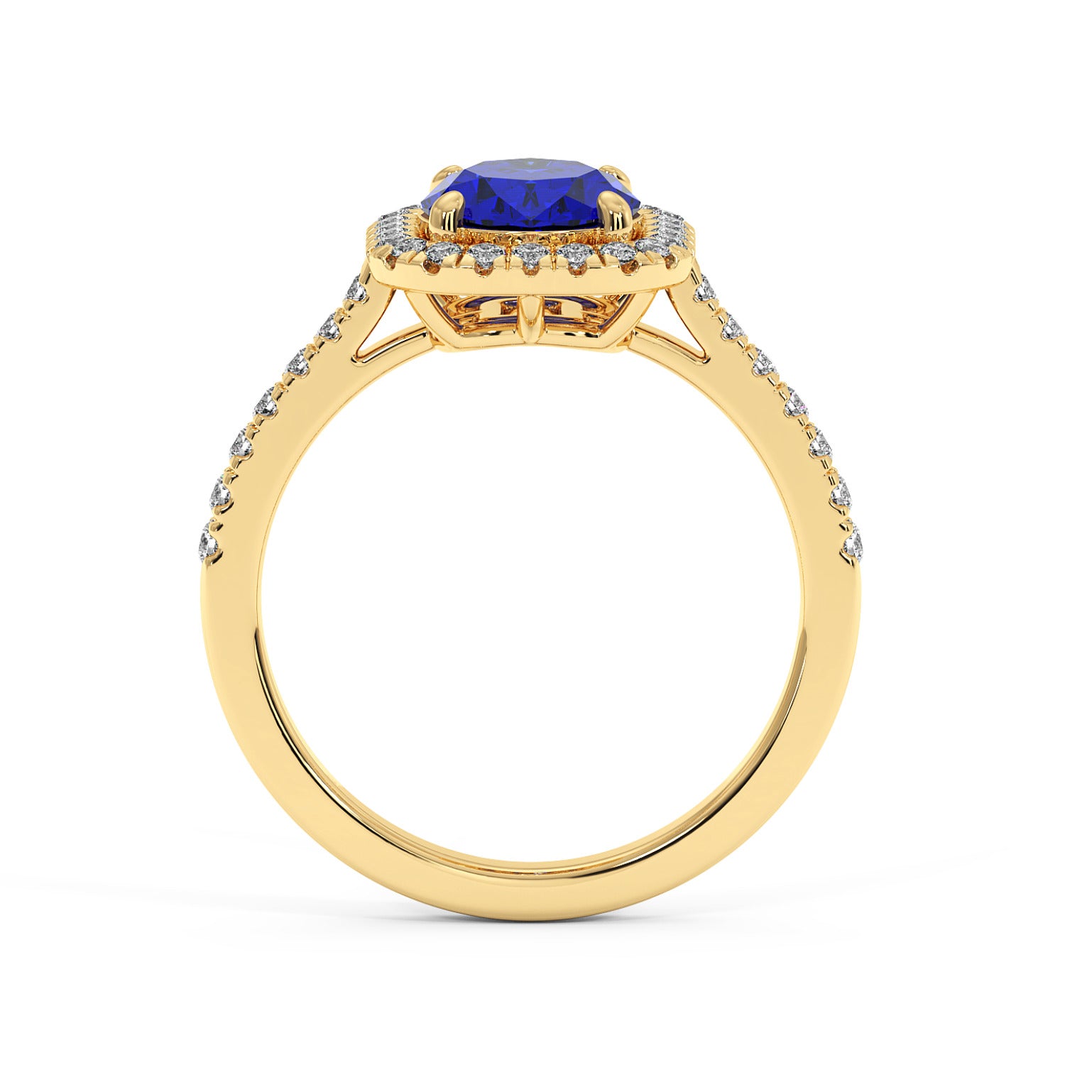 14k gold ring with 2.50CT Oval blue sapphire in center, halo diamonds and diamond band