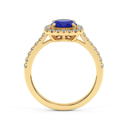 14k gold ring with 2.50CT Oval blue sapphire in center, halo diamonds and diamond band