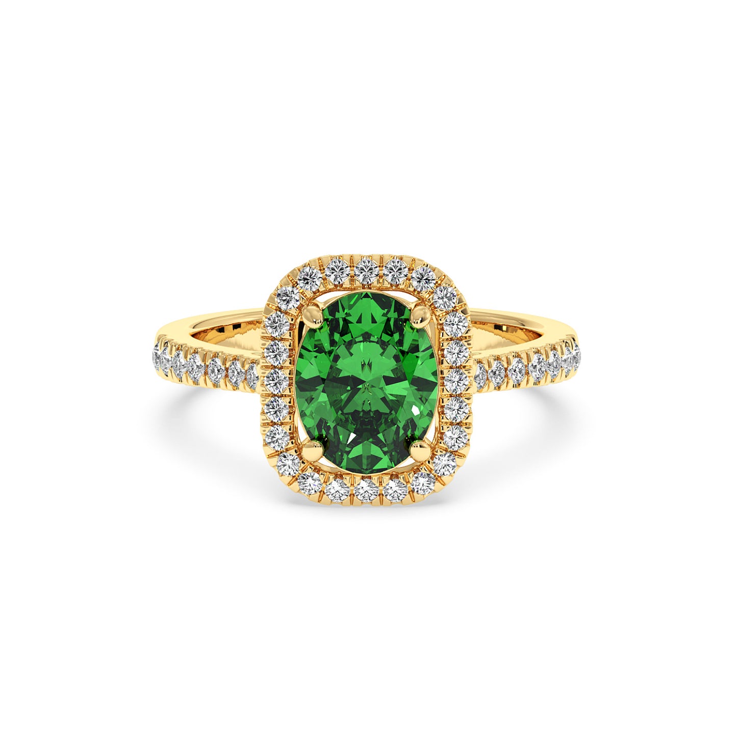 14k gold ring features a vibrant green YAG at its center, surrounded by a halo of small sparkling diamonds