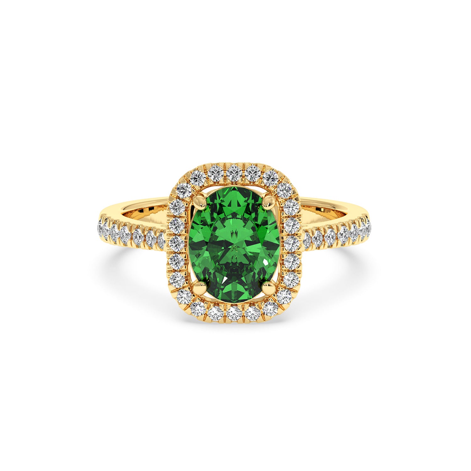 14k gold ring features a vibrant green YAG at its center, surrounded by a halo of small sparkling diamonds