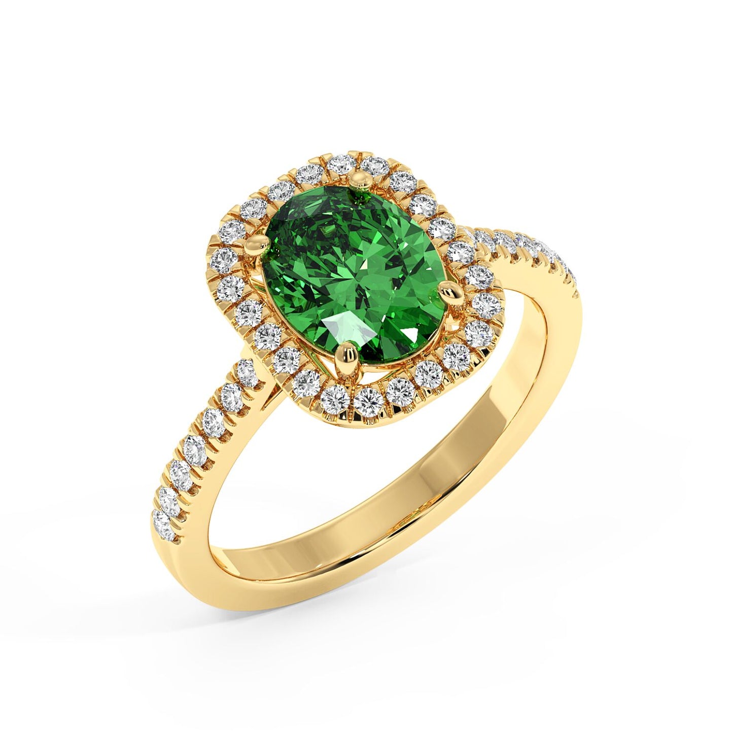 Top view of 14k gold ring features a vibrant green YAG at its center, surrounded by a halo of small sparkling diamonds