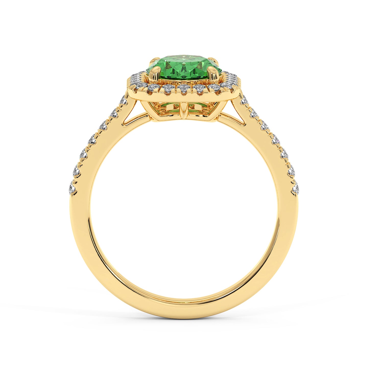 14k gold ring with a vibrant green YAG centerpiece, surrounded by small diamonds in a halo setting. Diamonds also adorn the slender band