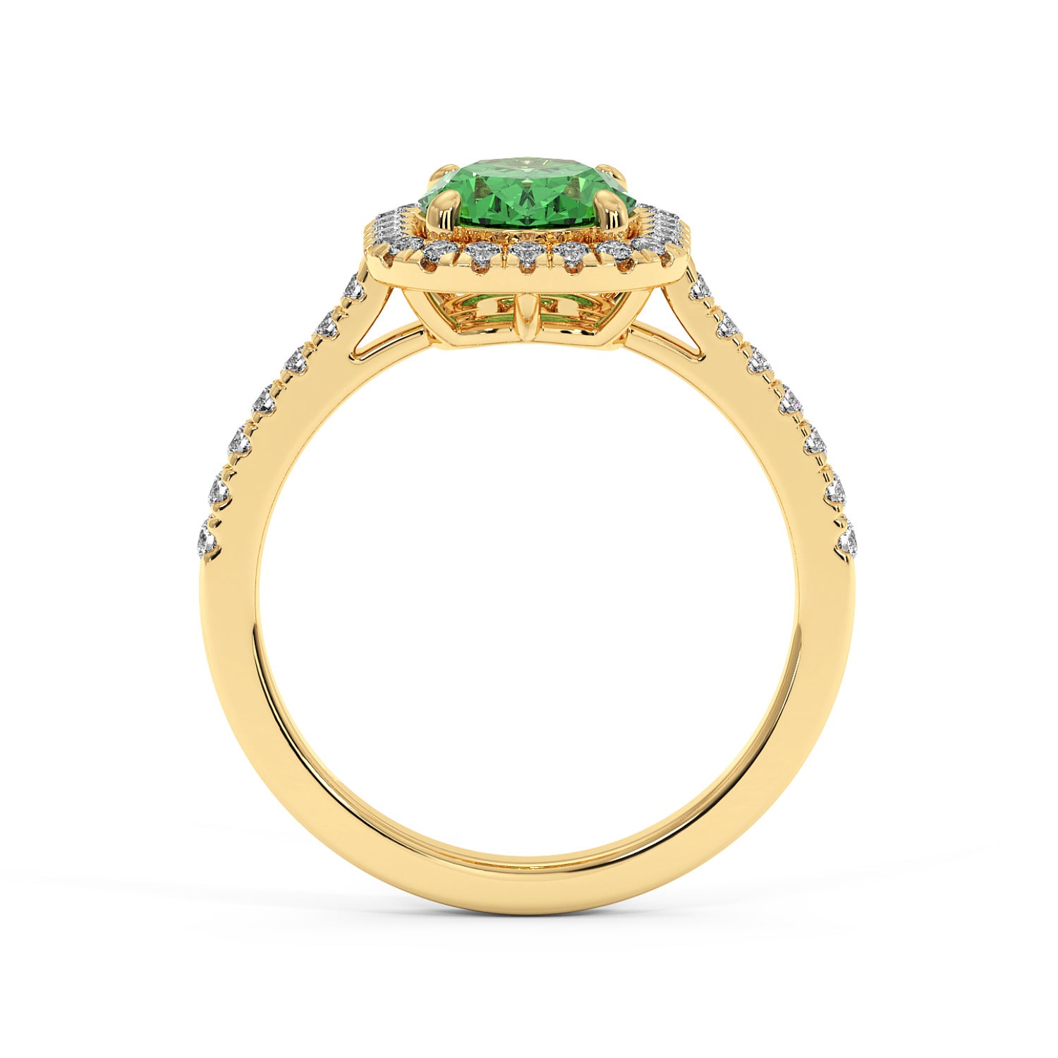 14k gold ring with a vibrant green YAG centerpiece, surrounded by small diamonds in a halo setting. Diamonds also adorn the slender band