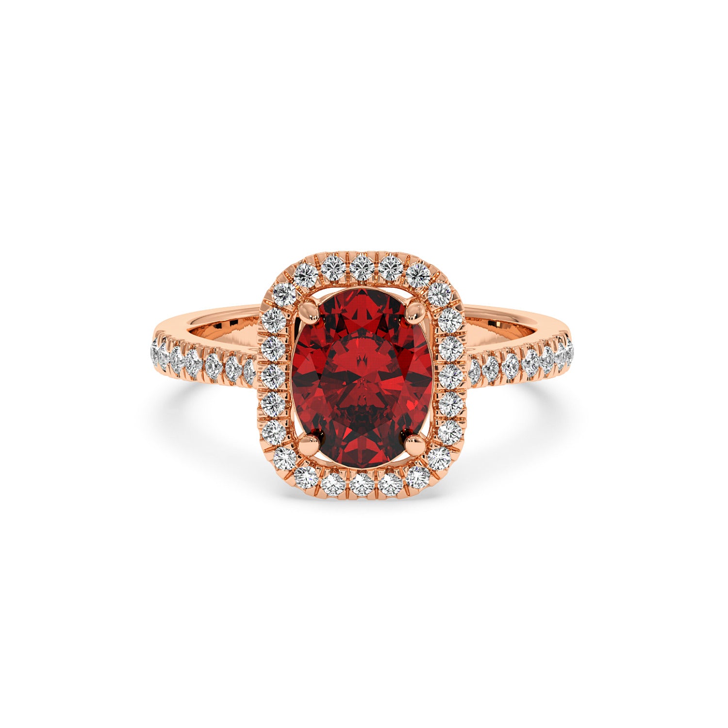14k rose gold ring with a deep 2.50CT oval red ruby and halo diamonds on a diamond-studded band, creating an elegant, luxurious look.