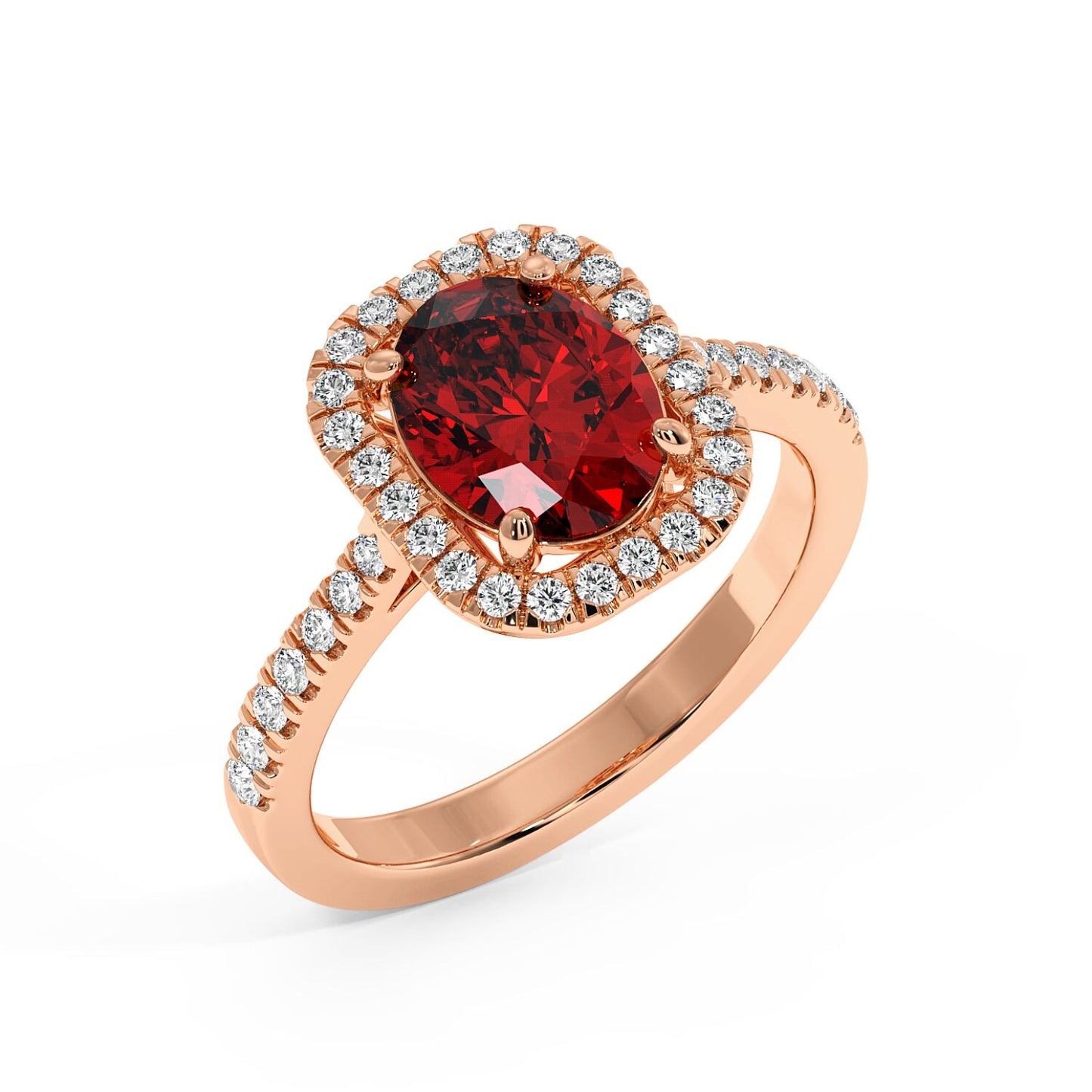 Top view of a 14k rose gold ring with a deep 2.50CT oval red ruby and halo diamonds on a diamond-studded band, creating an elegant, luxurious look.