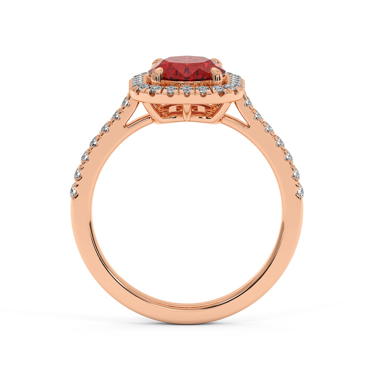 Rose gold ring with a 2.50CT oval red ruby surrounded by white diamonds, with a diamond-lined band adding elegance and sparkle.