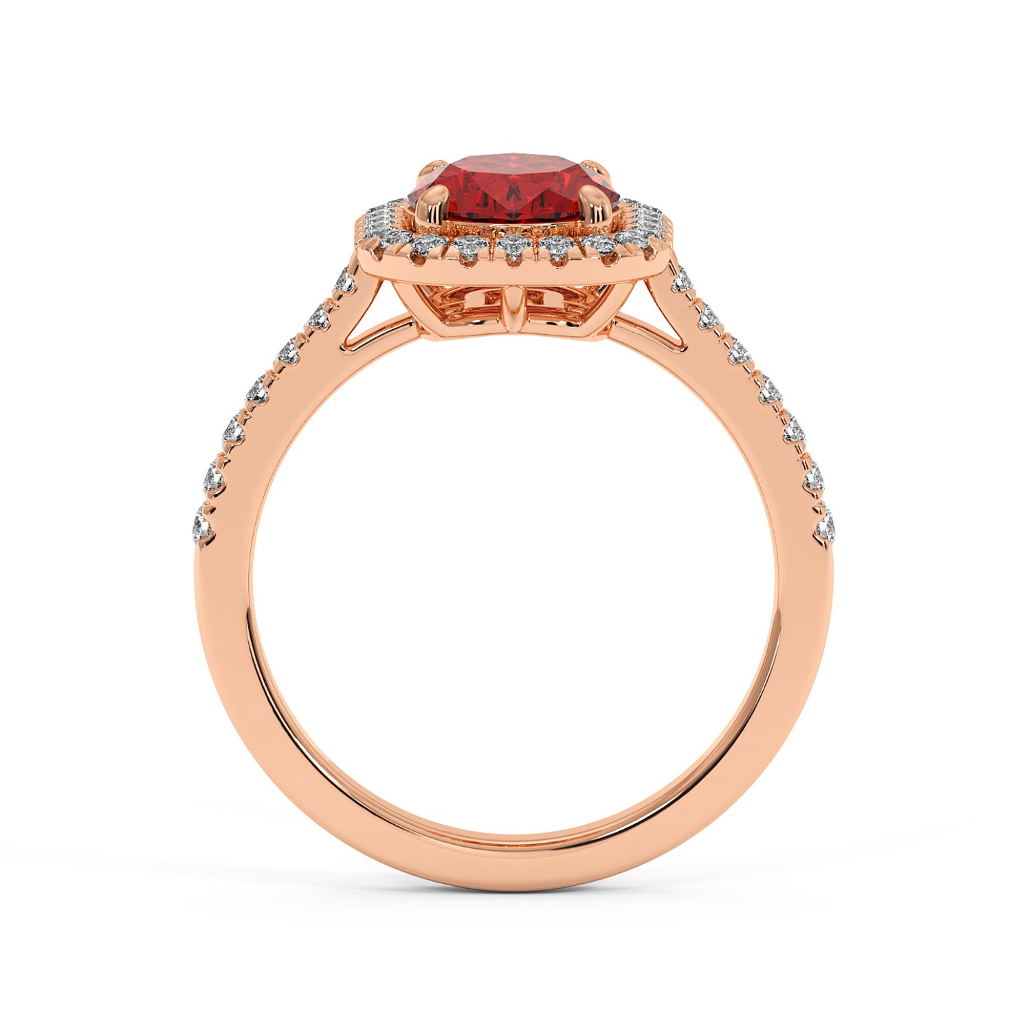 Rose gold ring with a 2.50CT oval red ruby surrounded by white diamonds, with a diamond-lined band adding elegance and sparkle.