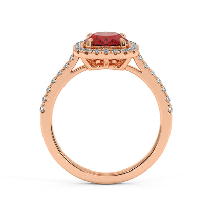 Rose gold ring with a 2.50CT oval red ruby surrounded by white diamonds, with a diamond-lined band adding elegance and sparkle.