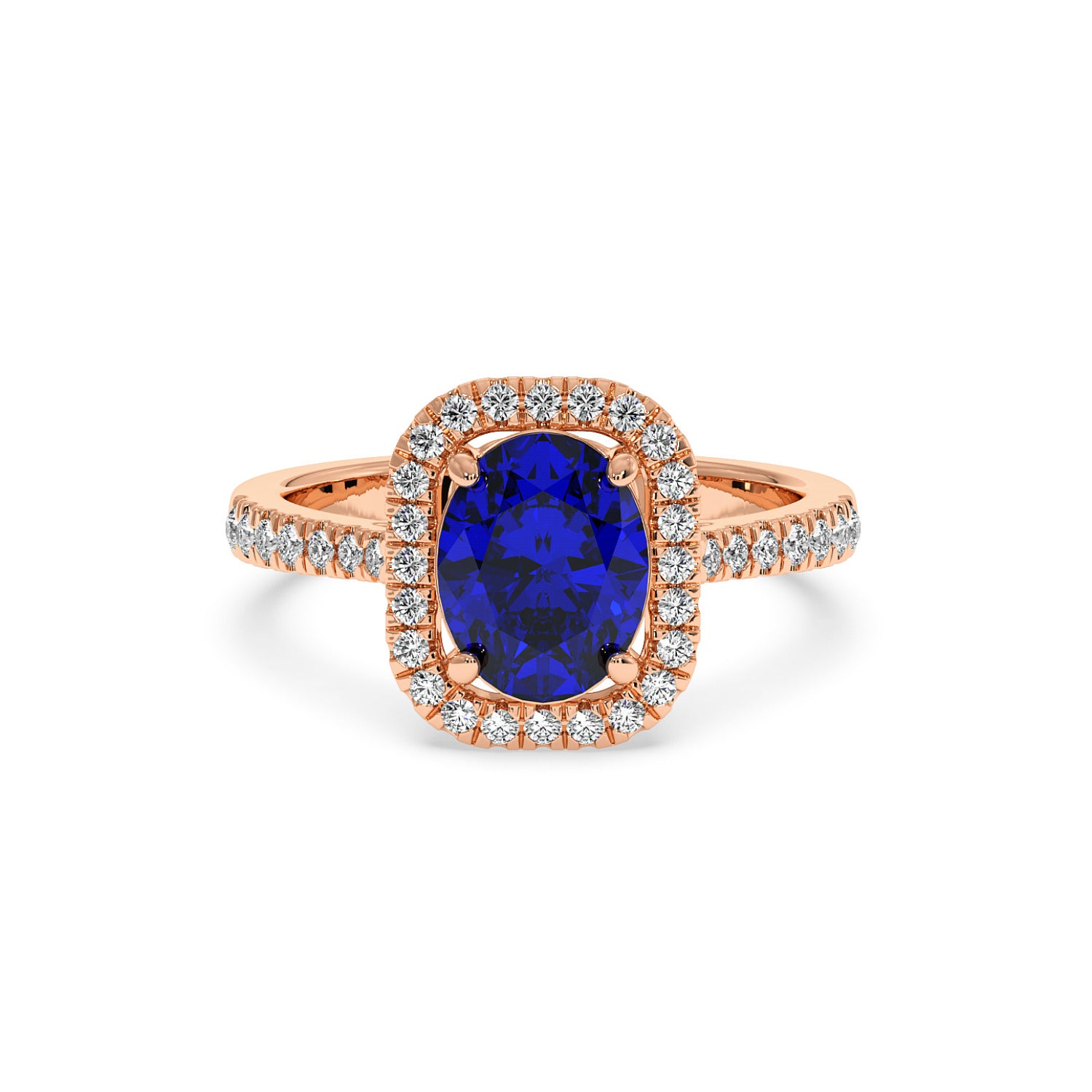 Rose gold ring with a vibrant 2.50CT blue oval sapphire surrounded by a halo of small diamonds, creating an elegant and luxurious look.