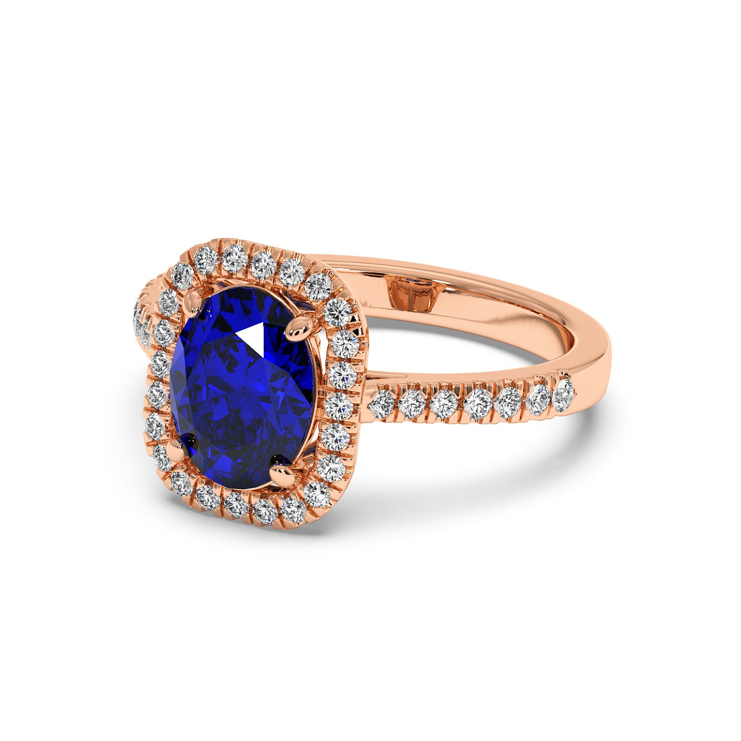 Rose gold ring with a 2.50CT blue sapphire and a diamond halo, with diamond accents on the band, creating an elegant and luxurious look.