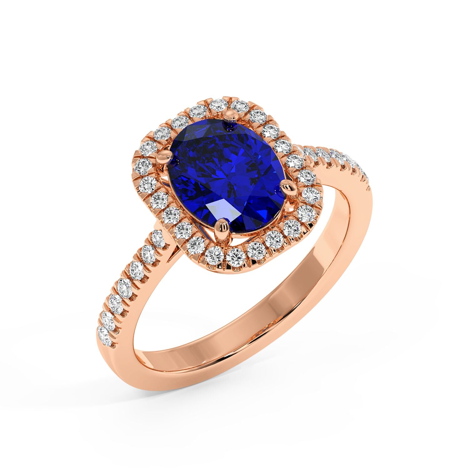 Top view of a rose gold ring with a vibrant 2.50CT blue oval sapphire surrounded by a halo of small diamonds