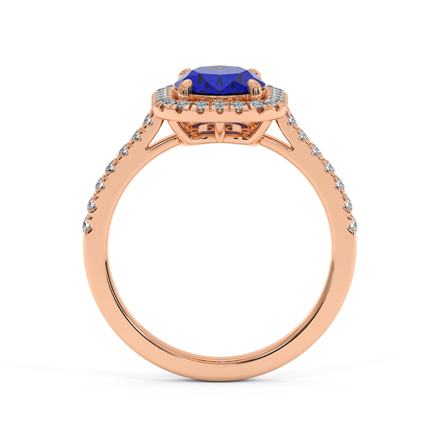 Rose gold engagement ring with a 2.50CT blue sapphire centerpiece, surrounded by diamonds and a diamond-adorned band, exuding luxury and elegance.