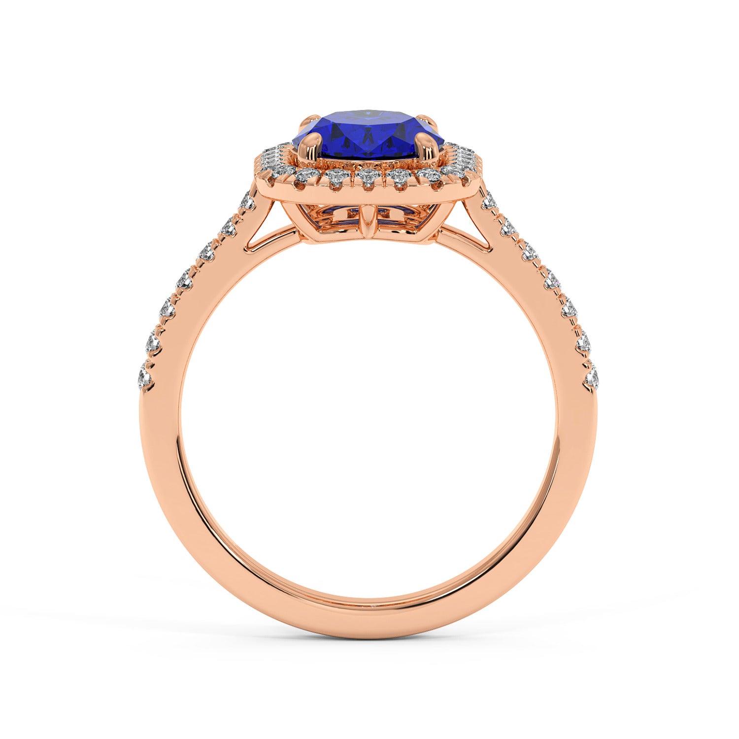 Rose gold engagement ring with a 2.50CT blue sapphire centerpiece, surrounded by diamonds and a diamond-adorned band, exuding luxury and elegance.