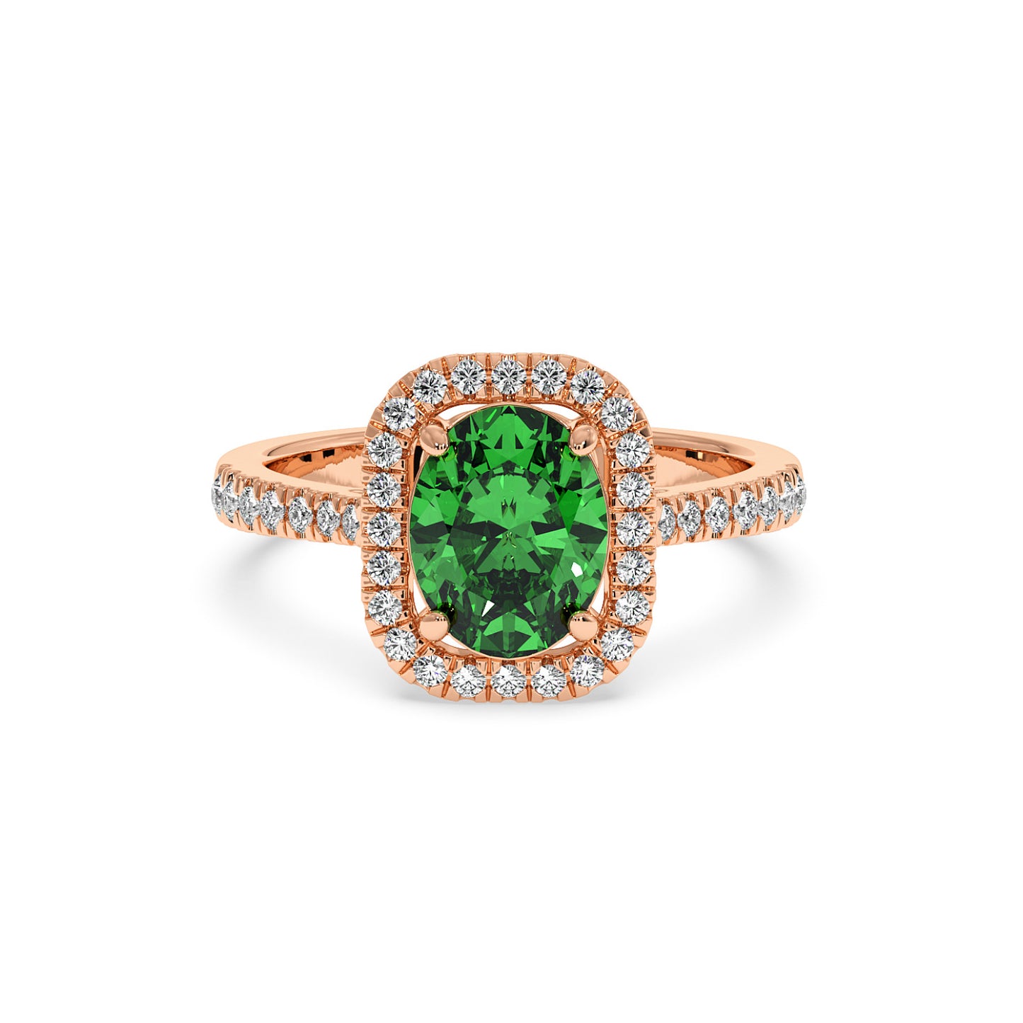 Elegant rose gold ring with a vibrant 2.50CT green YAG oval center and a halo of sparkling diamonds, creating a luxurious, refined look.