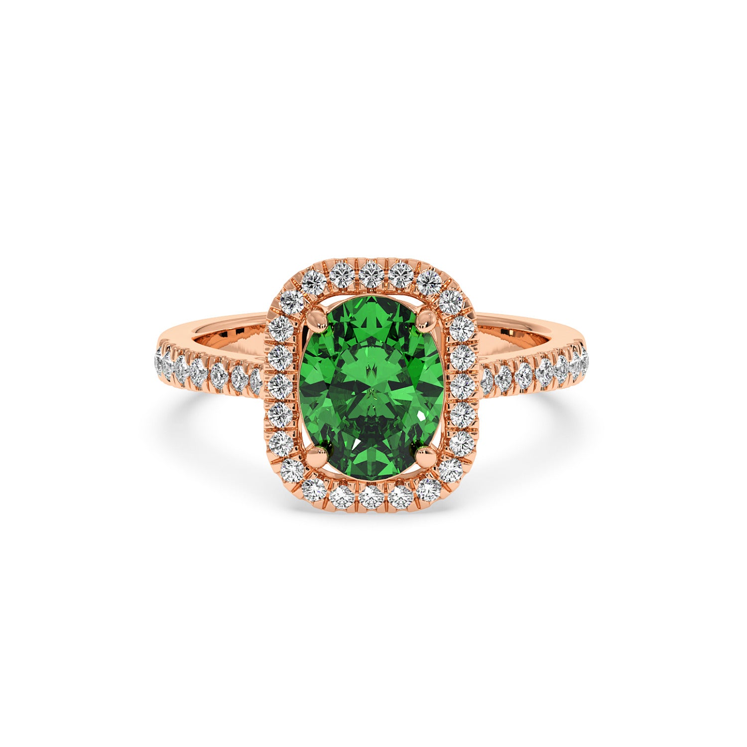 Elegant rose gold ring with a vibrant 2.50CT green YAG oval center and a halo of sparkling diamonds, creating a luxurious, refined look.