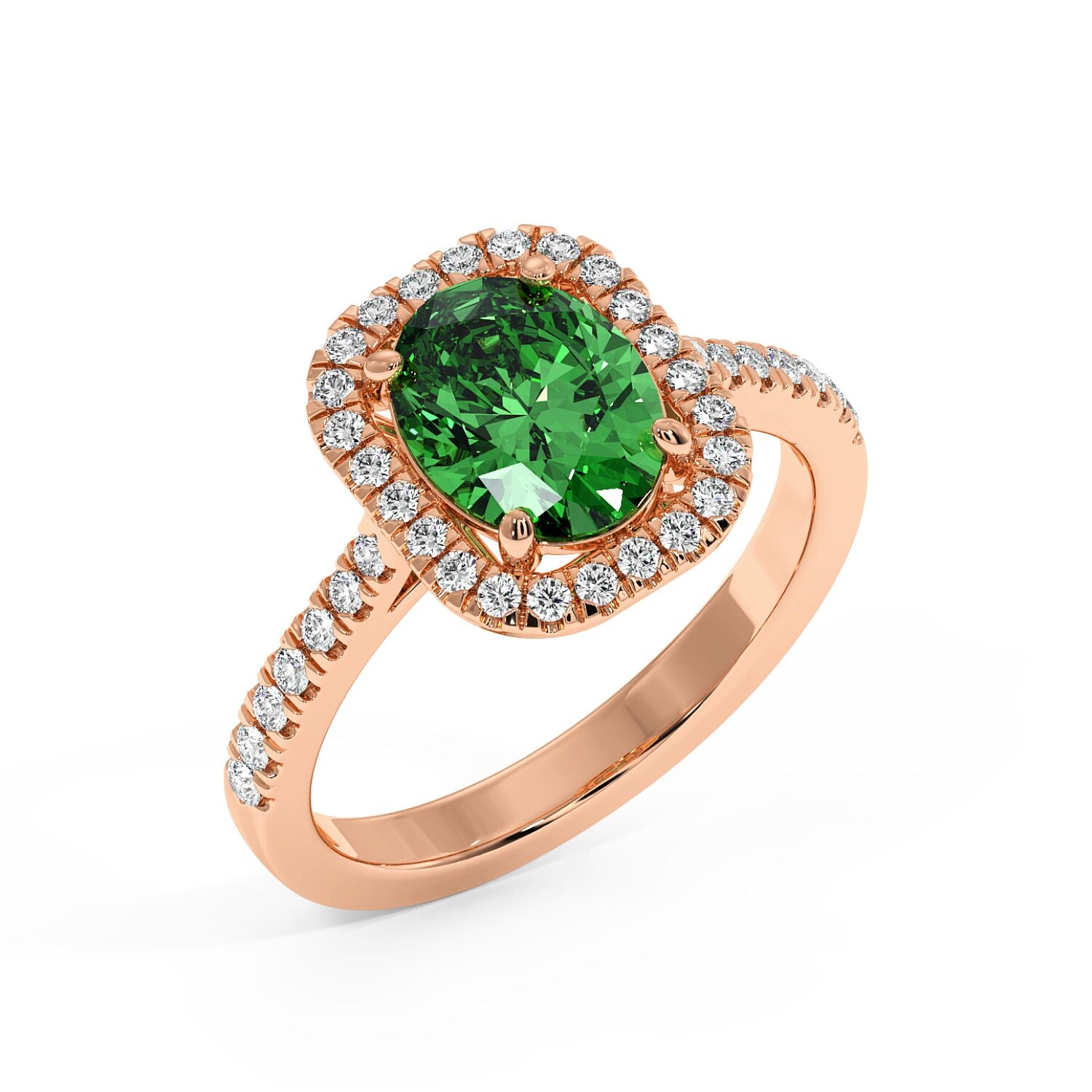 Top view of an elegant rose gold ring with a vibrant 2.50CT green YAG oval center and a halo of sparkling diamonds