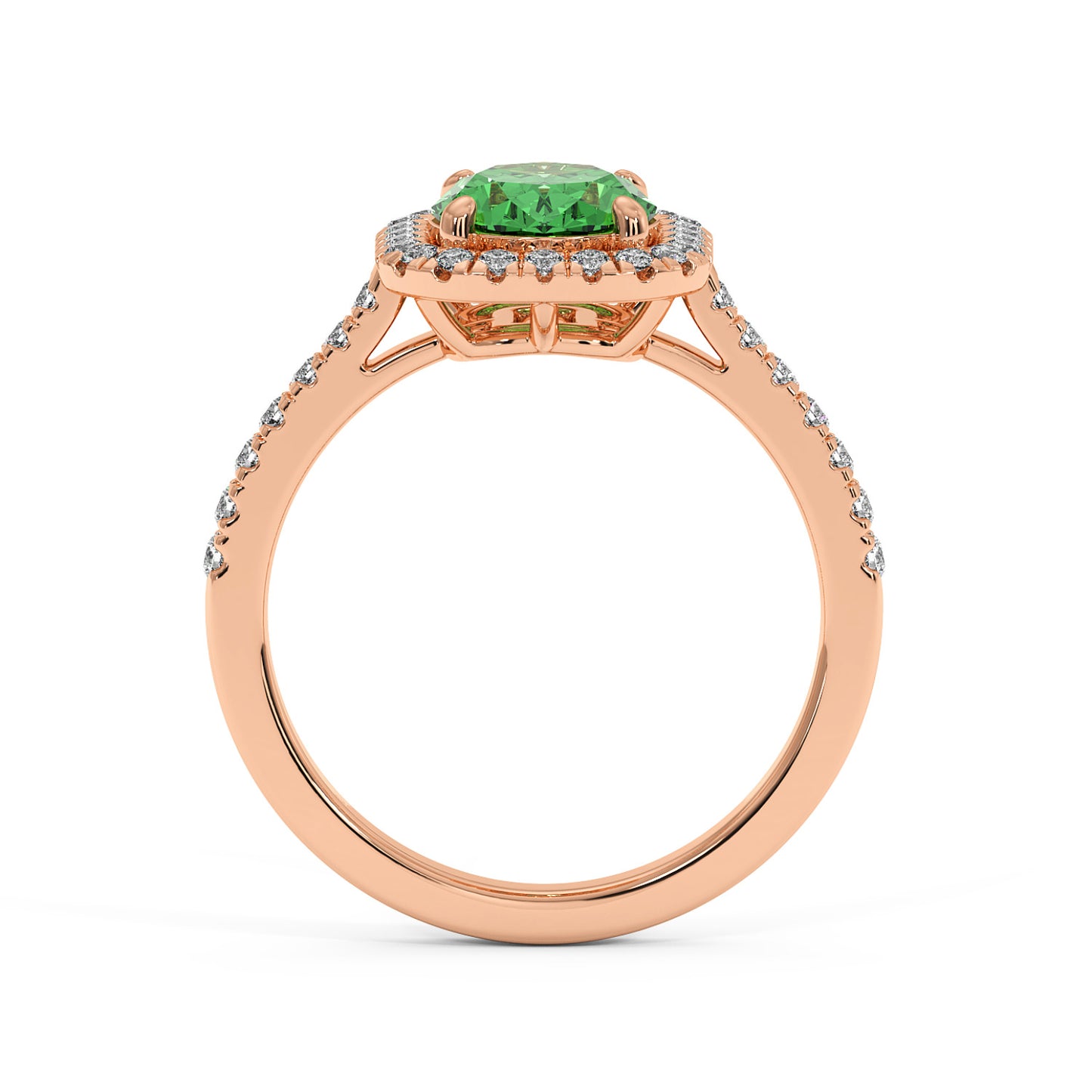 Rose gold ring with a 2.50CT green YAG round center stone, encircled by small diamonds and a diamond-studded band for an elegant, luxurious look.