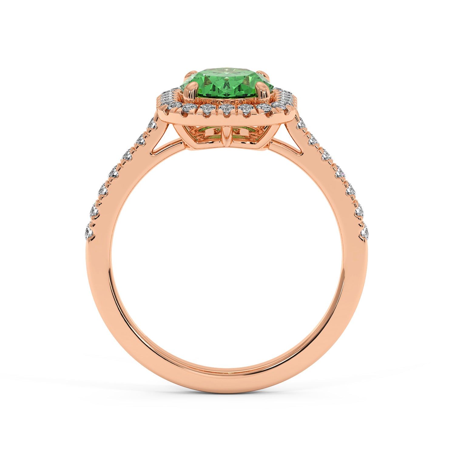 Rose gold ring with a 2.50CT green YAG round center stone, encircled by small diamonds and a diamond-studded band for an elegant, luxurious look.
