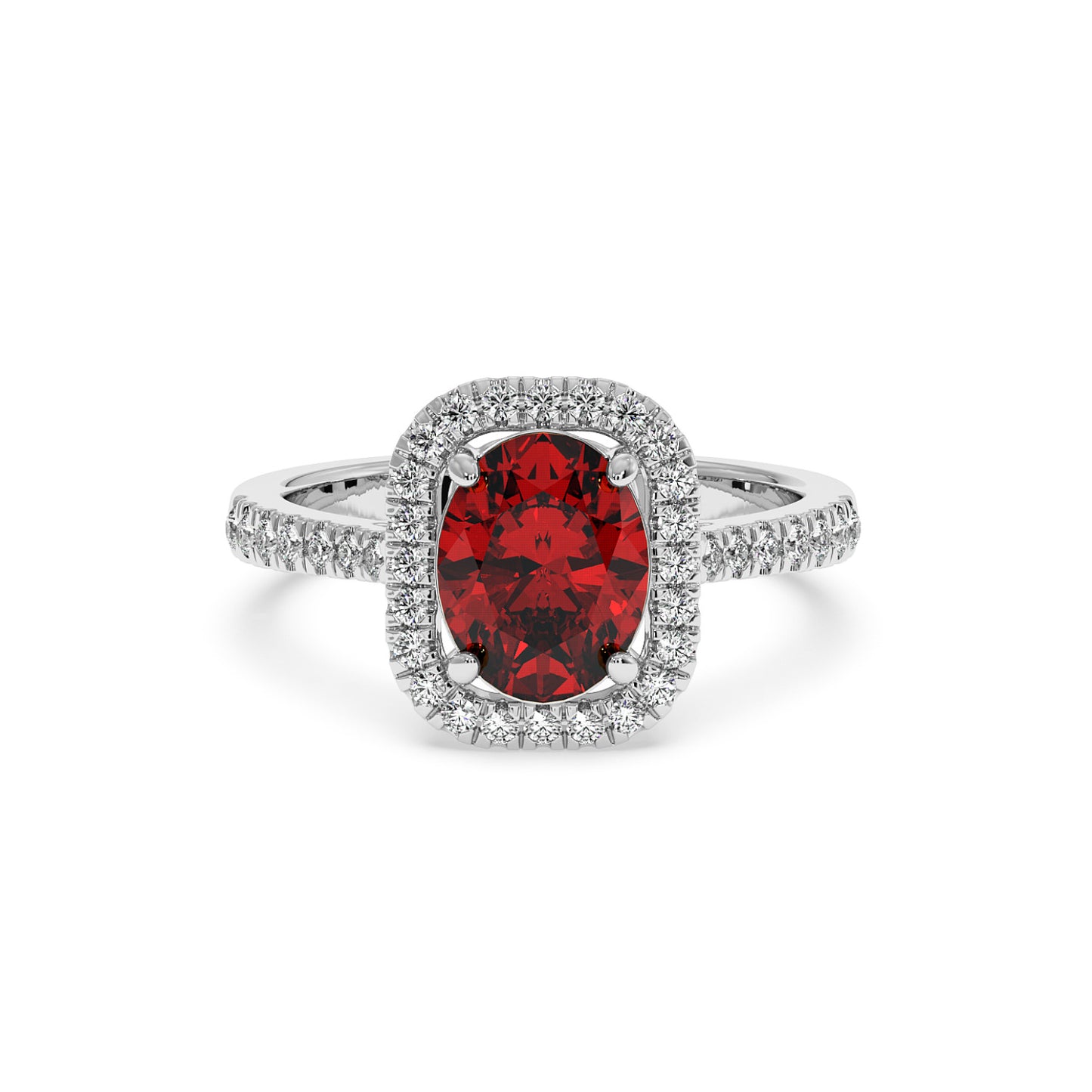 14k white gold ring with a 2.50CT oval red ruby and cushion-cut diamond accents for an elegant, luxurious look.