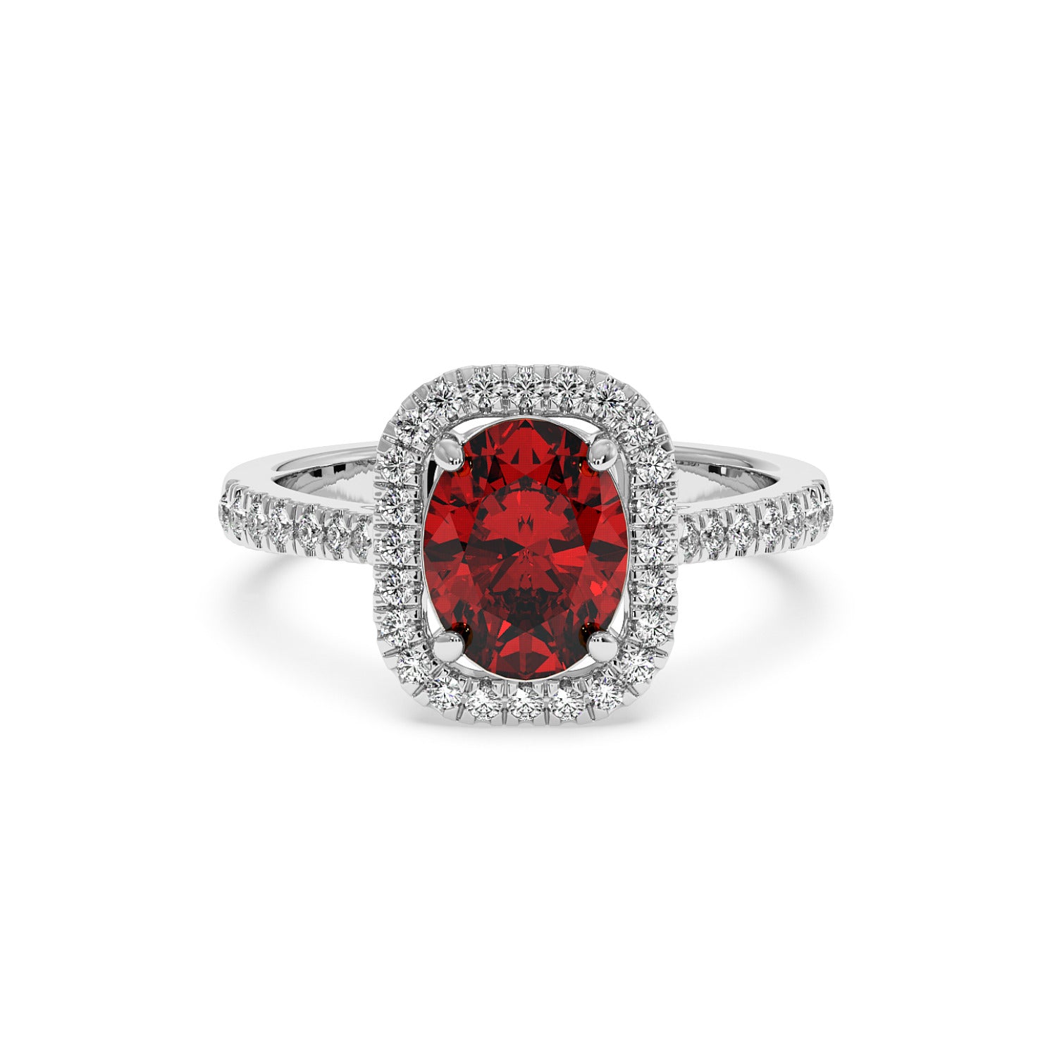 14k white gold ring with a 2.50CT oval red ruby and cushion-cut diamond accents for an elegant, luxurious look.