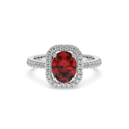 14k white gold ring with a 2.50CT oval red ruby and cushion-cut diamond accents for an elegant, luxurious look.