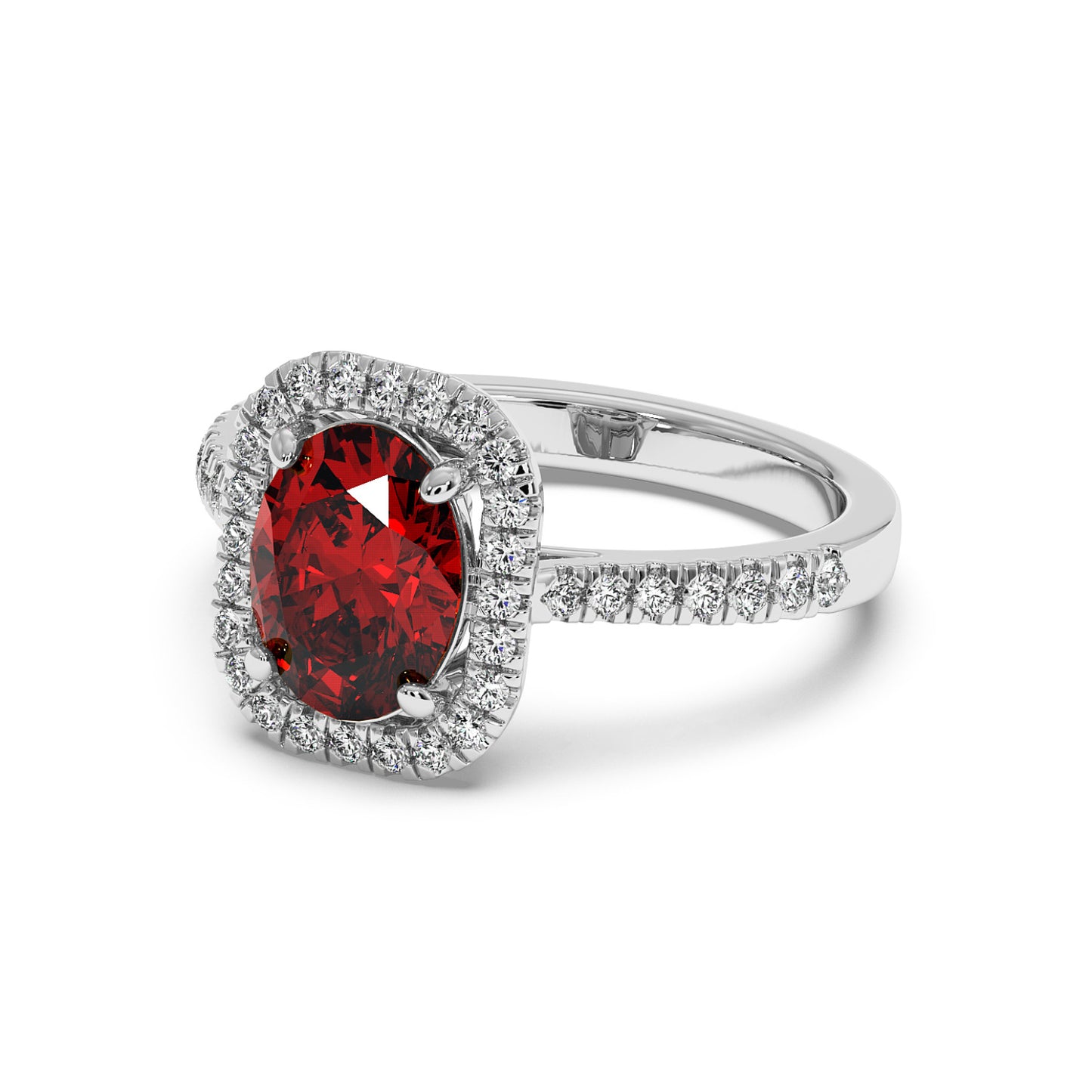14k white gold ring with a 2.50CT oval red ruby surrounded by a halo of sparkling diamonds for a luxurious, sophisticated look.