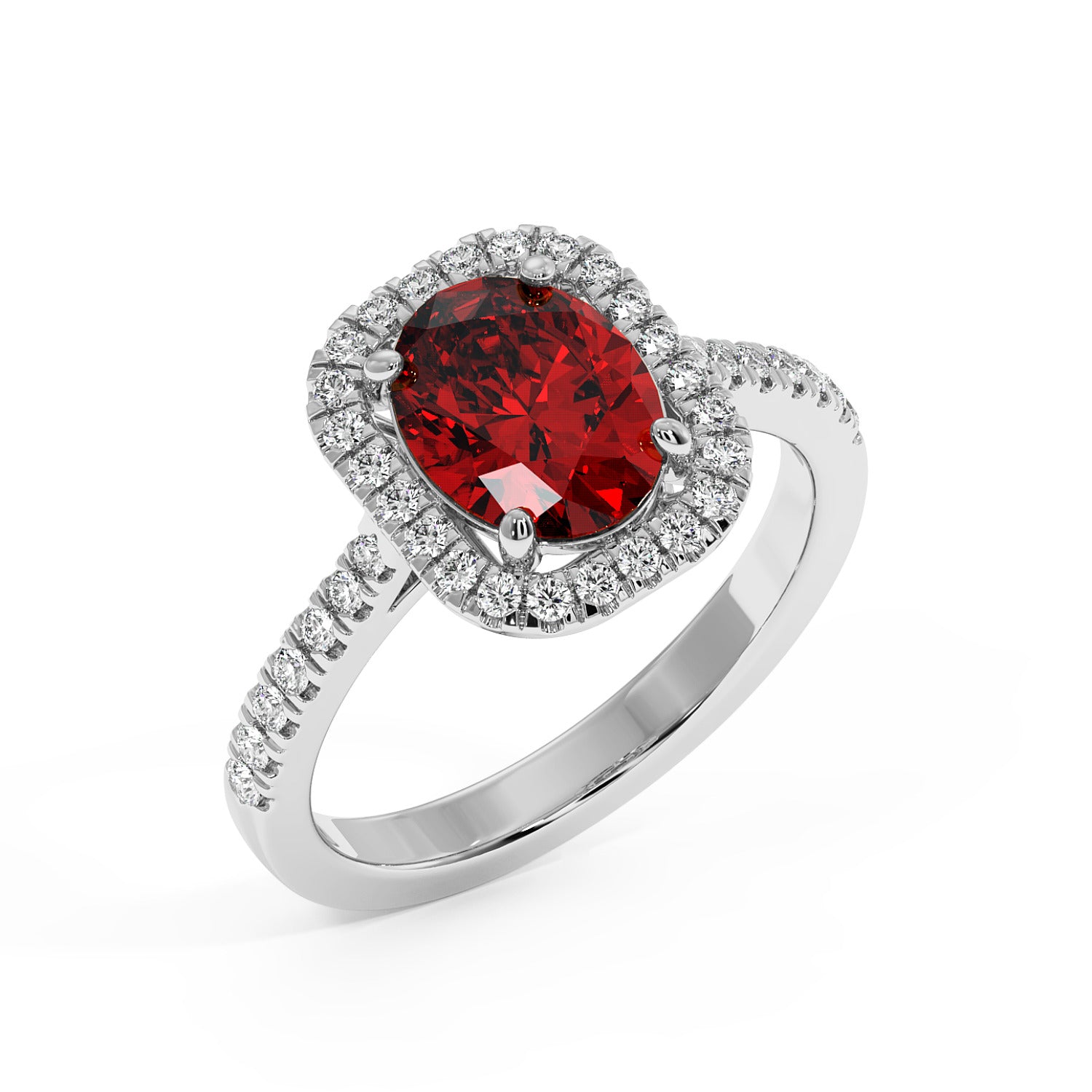 Top view of a 14k white gold ring with a 2.50CT oval red ruby and cushion-cut diamond accents for an elegant, luxurious look.