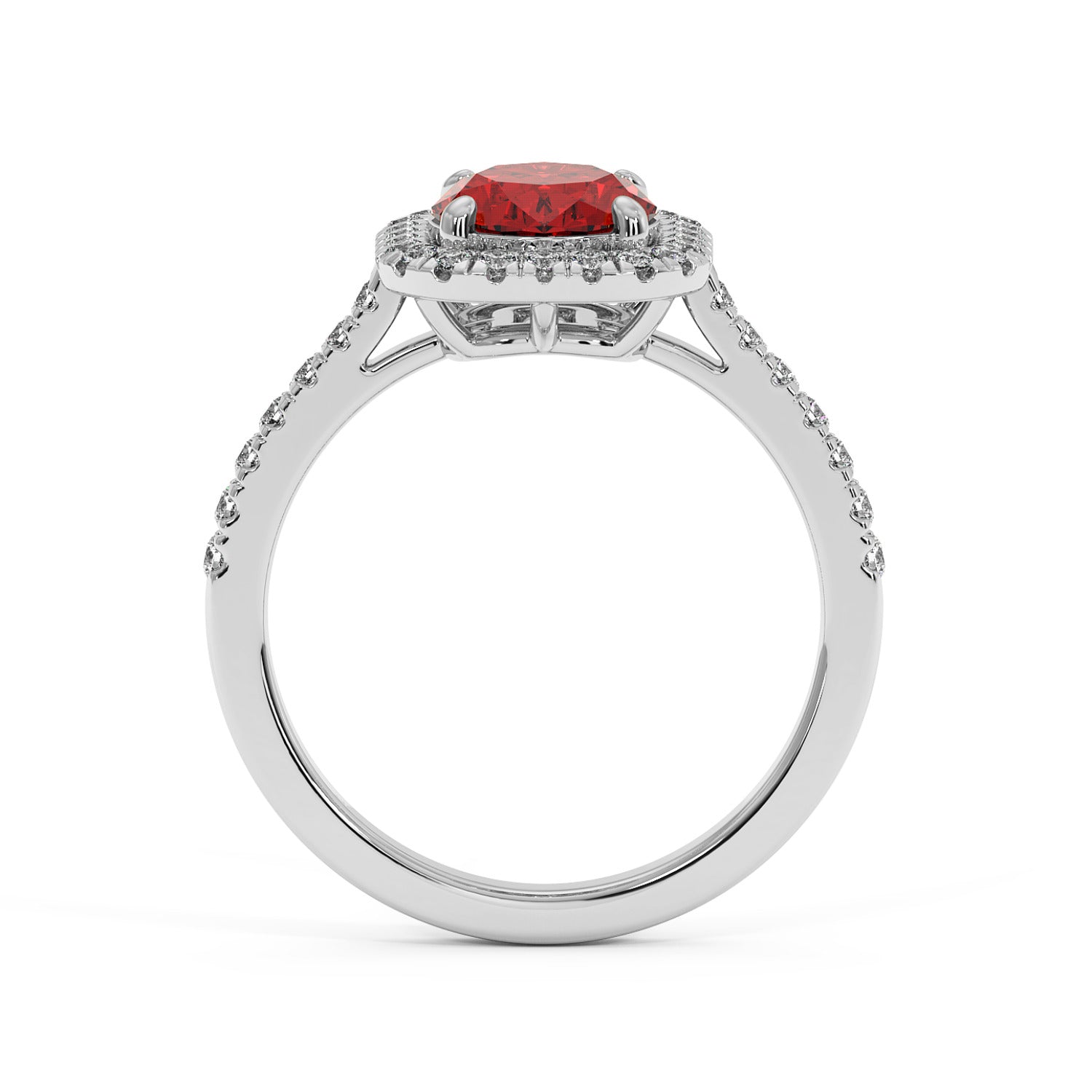 14k white gold ring with a 2.50CT oval red ruby encircled by sparkling diamonds on a diamond-lined band for a luxurious, refined look.