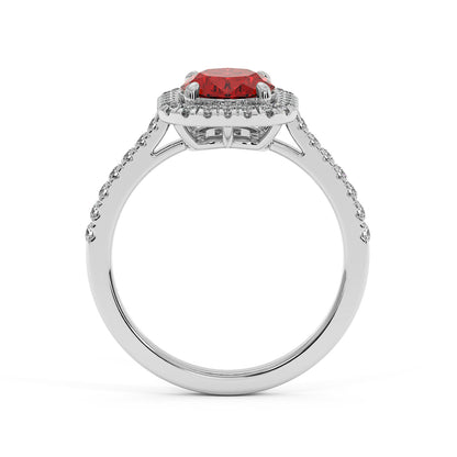 14k white gold ring with a 2.50CT oval red ruby encircled by sparkling diamonds on a diamond-lined band for a luxurious, refined look.