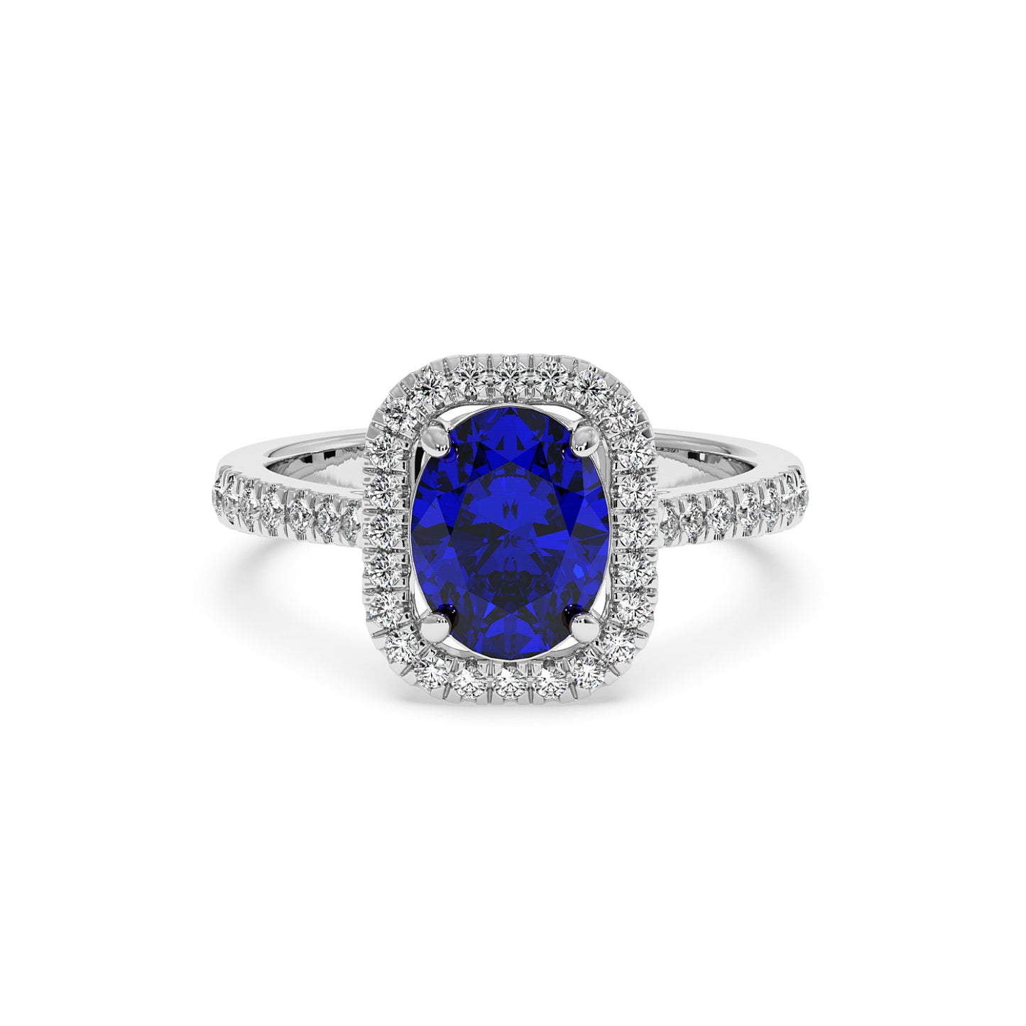 White gold ring with a deep blue oval 2.50CT sapphire surrounded by a halo of sparkling diamonds, with additional diamonds along the band.