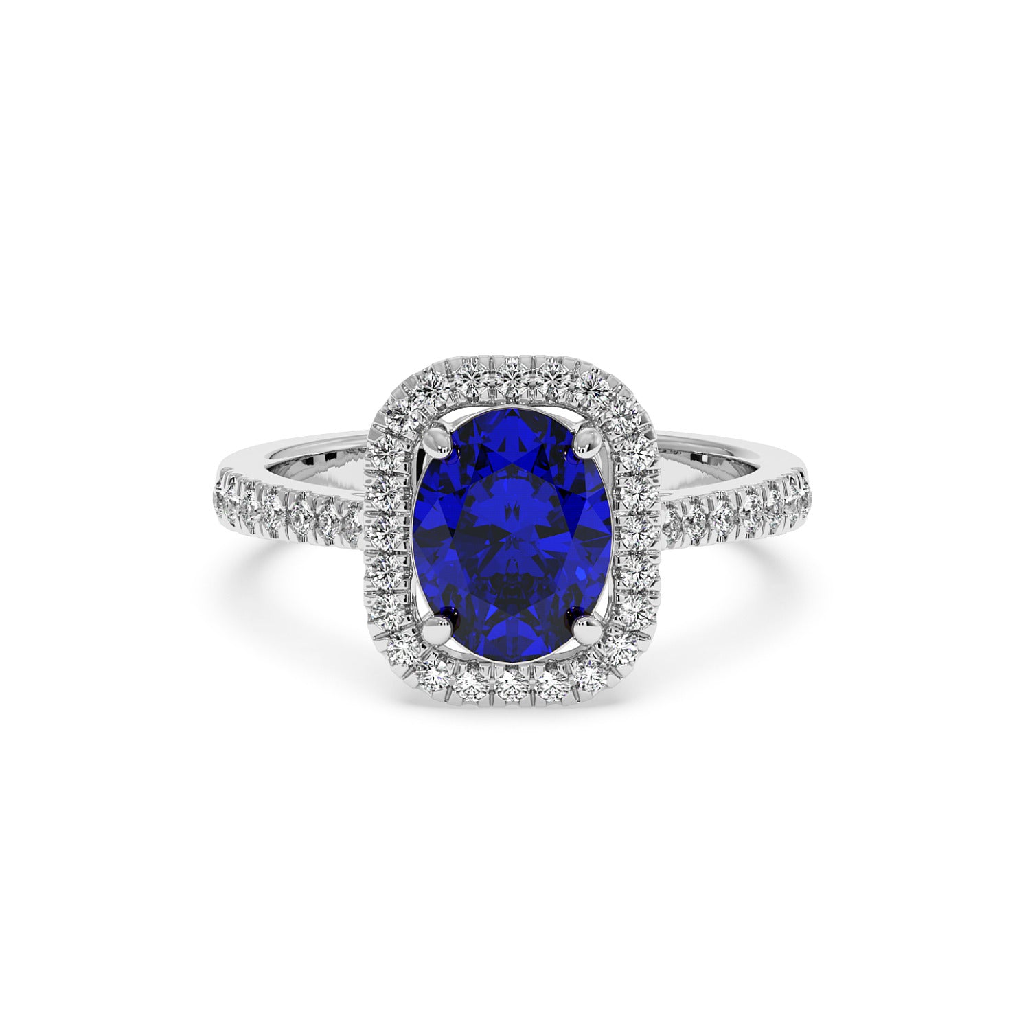 White gold ring with a deep blue oval 2.50CT sapphire surrounded by a halo of sparkling diamonds, with additional diamonds along the band.