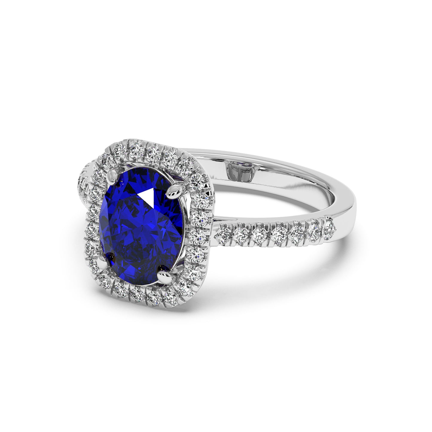 14k white gold ring with a deep blue oval sapphire surrounded by sparkling diamonds on a diamond-studded band, elegant and luxurious.