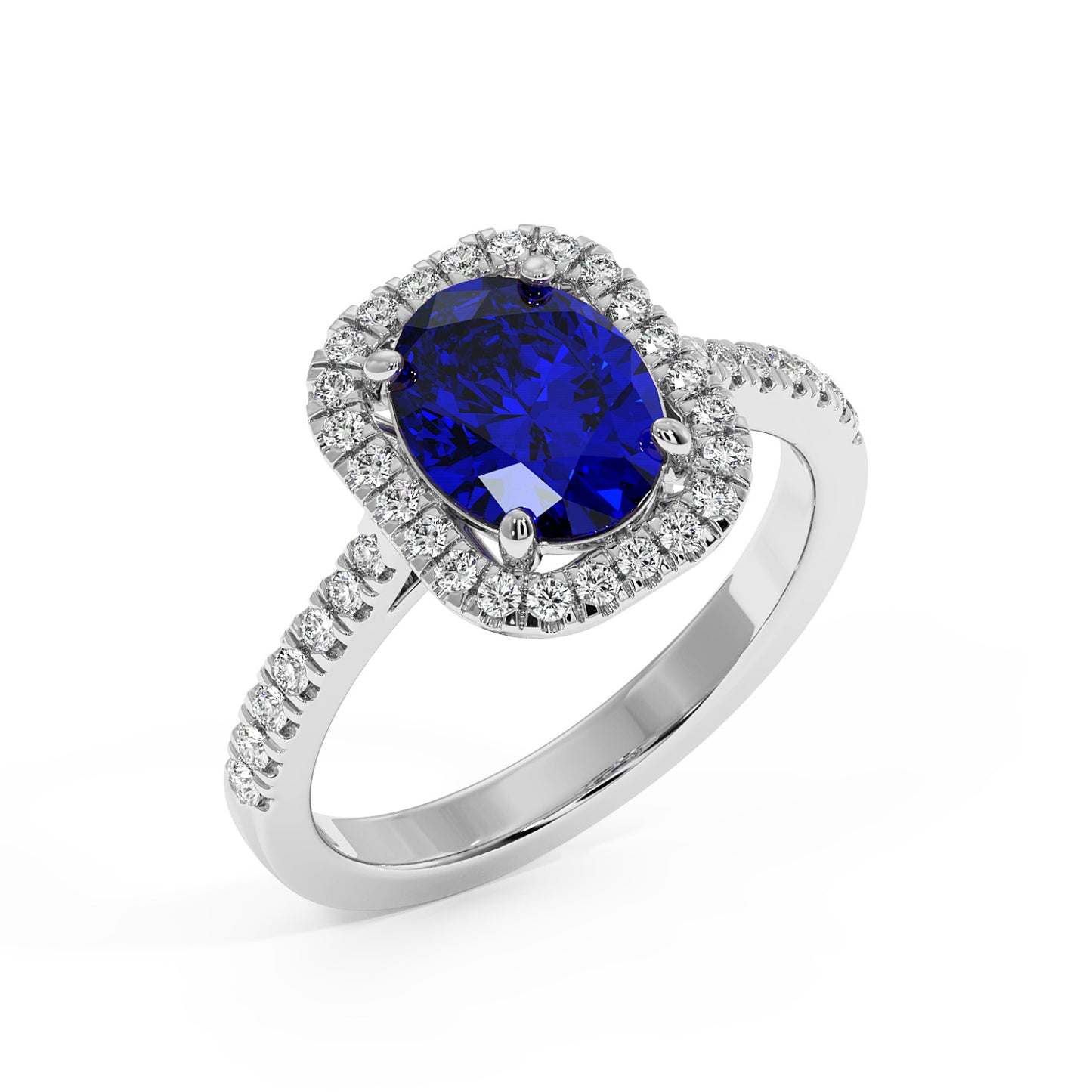 Top view of a 14k white gold ring with a deep blue oval 2.50CT sapphire surrounded by a halo of sparkling diamonds, with additional diamonds along the band.