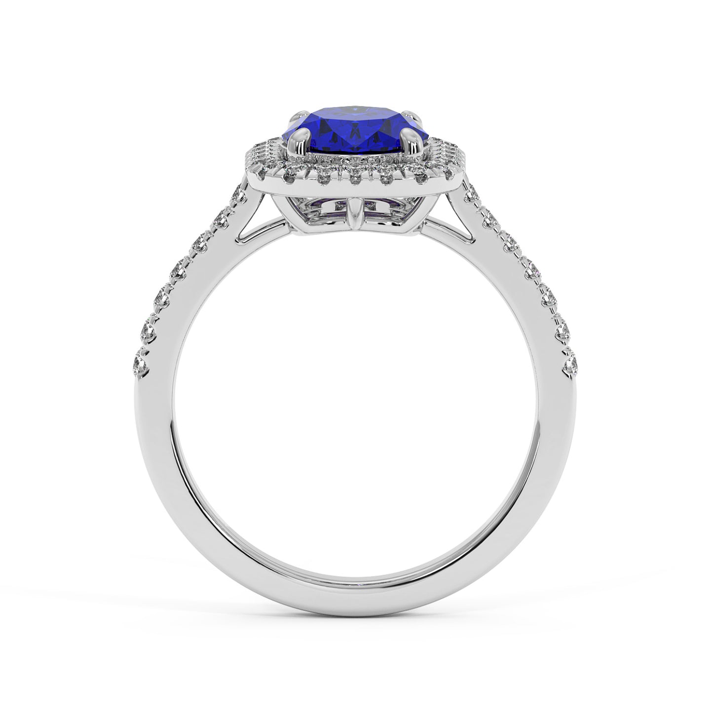 14k white gold ring with a deep blue oval sapphire surrounded by a halo of diamonds, with diamond accents on the band.