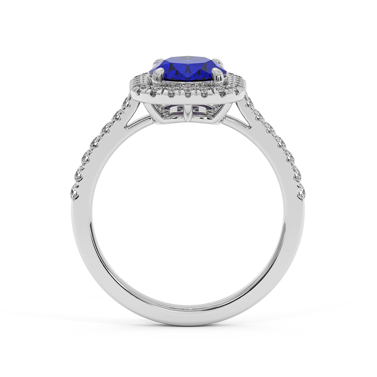 14k white gold ring with a deep blue oval sapphire surrounded by a halo of diamonds, with diamond accents on the band.