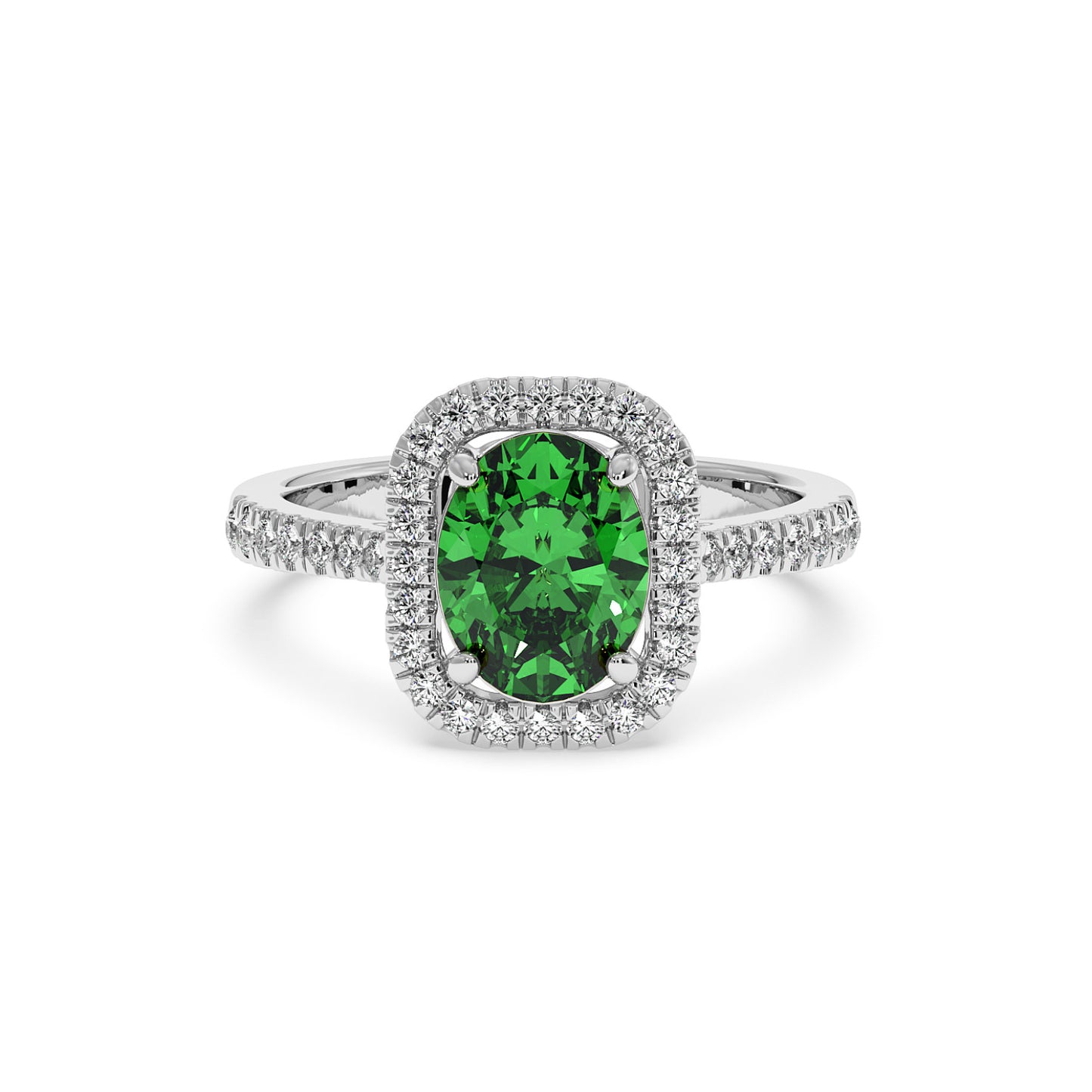 2.50CT green YAG in 14k white gold with a diamond halo and diamond-accented band, creating an elegant, luxurious look.