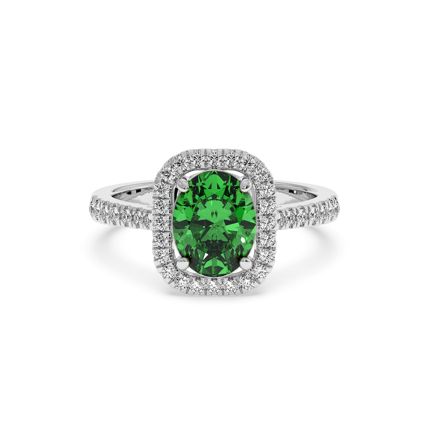 2.50CT green YAG in 14k white gold with a diamond halo and diamond-accented band, creating an elegant, luxurious look.