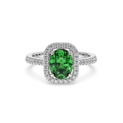 2.50CT green YAG in 14k white gold with a diamond halo and diamond-accented band, creating an elegant, luxurious look.