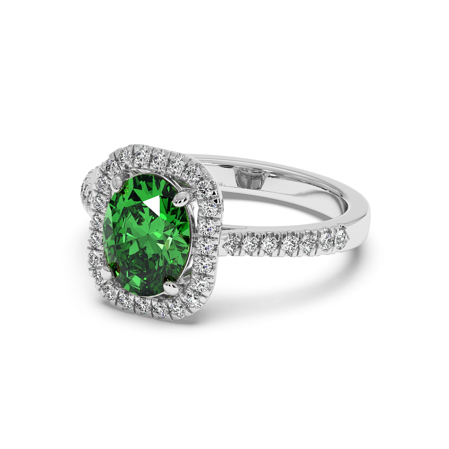 2.50CT Oval green YAG in 14k white gold, surrounded by sparkling diamonds on a halo and diamond-studded band, creating an elegant luxurious look.