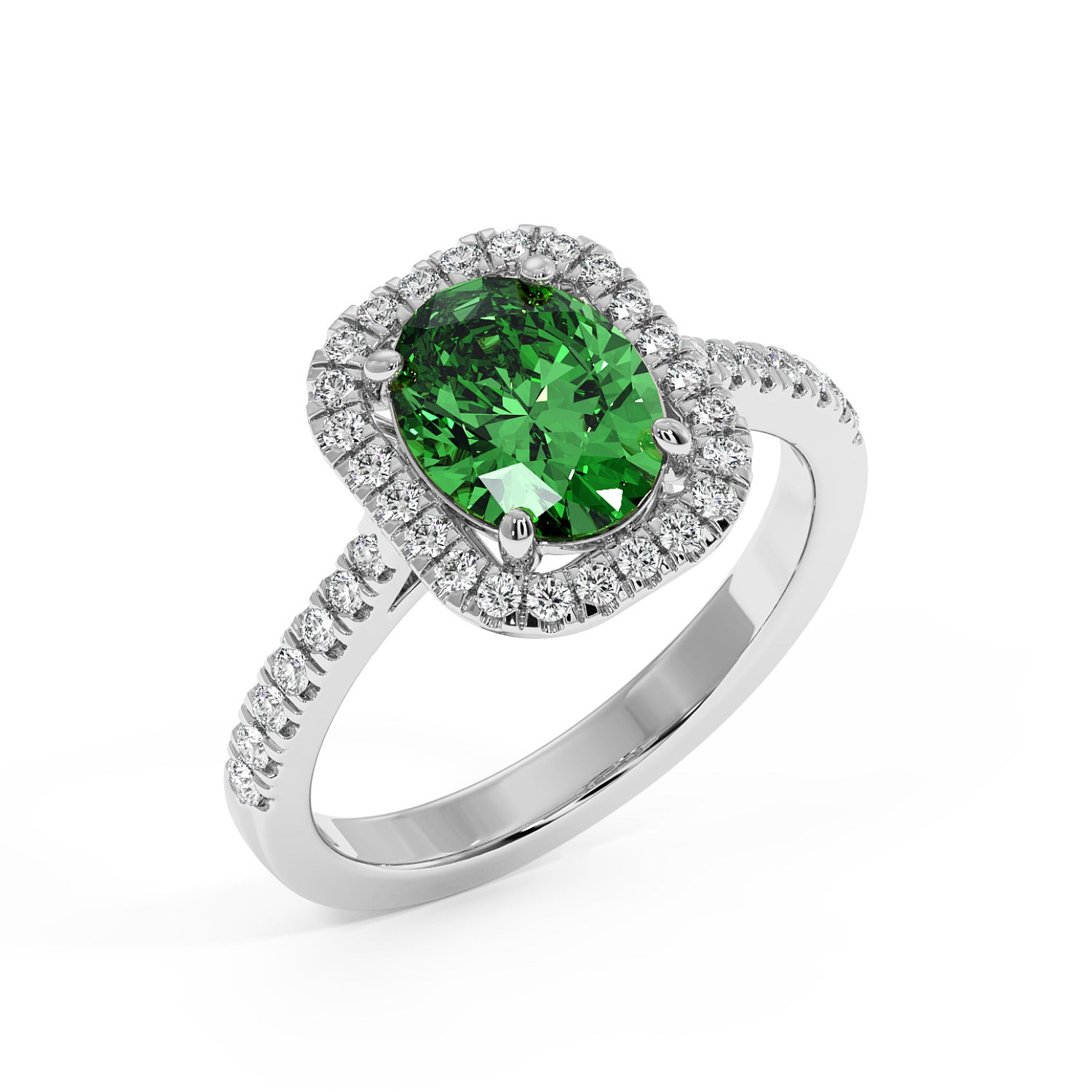Top view of 2.50CT green YAG in 14k white gold with a diamond halo and diamond-accented band, creating an elegant, luxurious look.