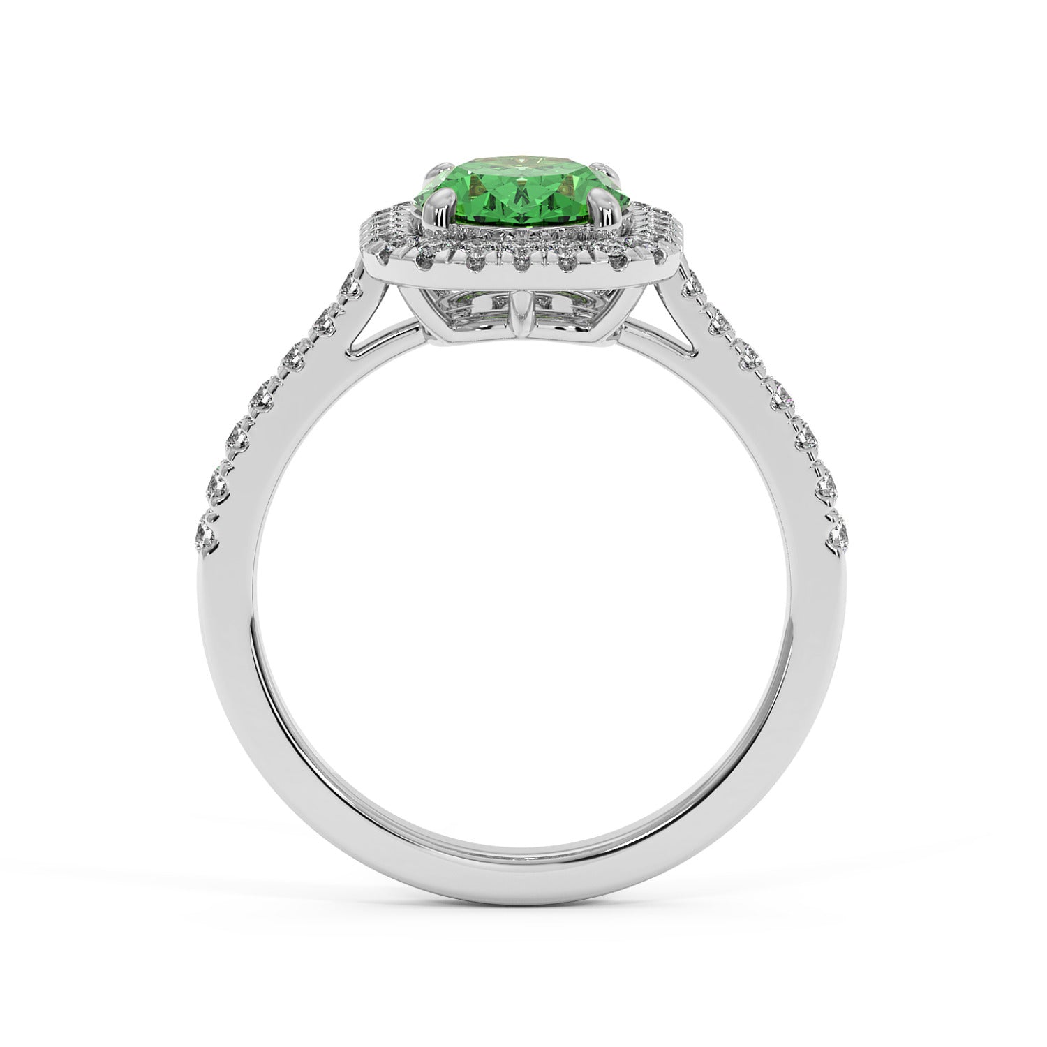 2.50CT oval green YAG 14k white gold ring with a vibrant green center stone and a halo of diamonds on a diamond-studded band.