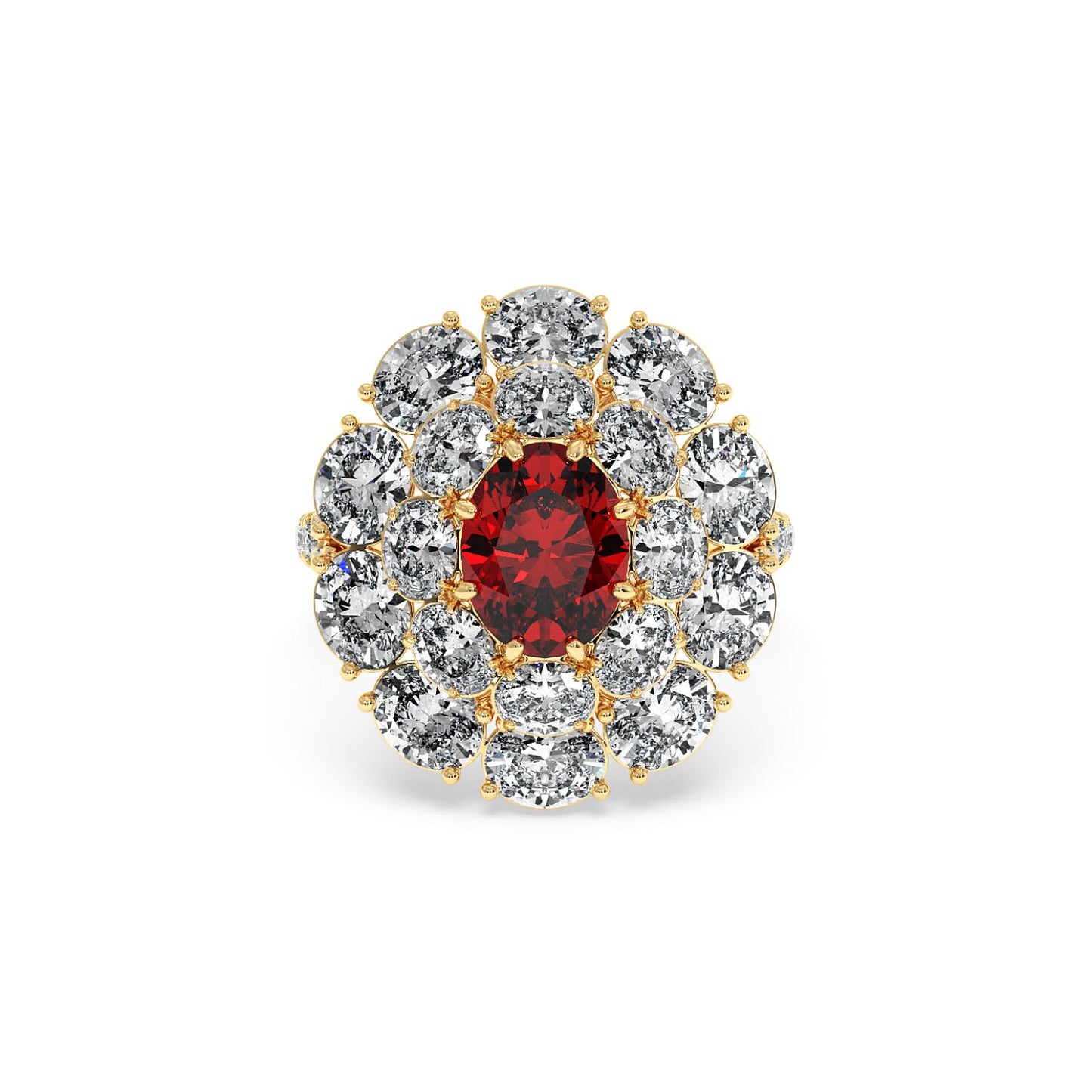 Elegant 14k gold ring with a 2.50CT oval red ruby surrounded by round white diamonds, showcasing a luxurious and sophisticated design.