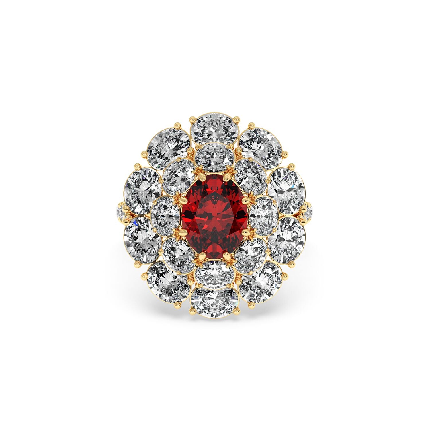 Elegant 14k gold ring with a 2.50CT oval red ruby surrounded by round white diamonds, showcasing a luxurious and sophisticated design.