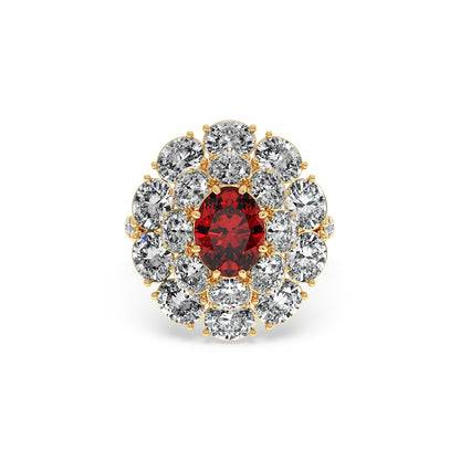 Elegant 14k gold ring with a 2.50CT oval red ruby surrounded by round white diamonds, showcasing a luxurious and sophisticated design.