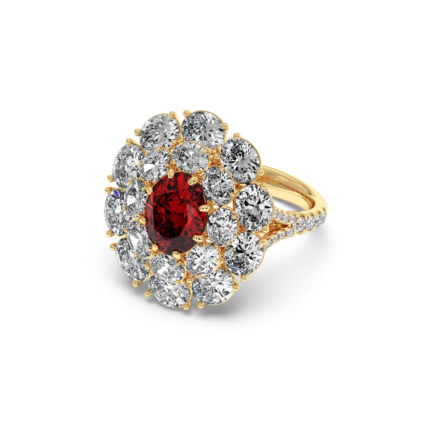 14k gold ring with a 2.50CT oval red ruby surrounded by sparkling clear diamonds in a floral pattern, exuding elegance and luxury.