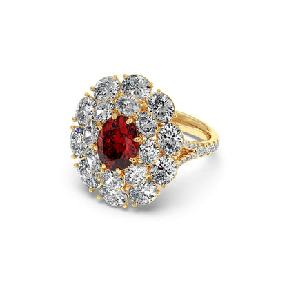 14k gold ring with a 2.50CT oval red ruby surrounded by sparkling clear diamonds in a floral pattern, exuding elegance and luxury.