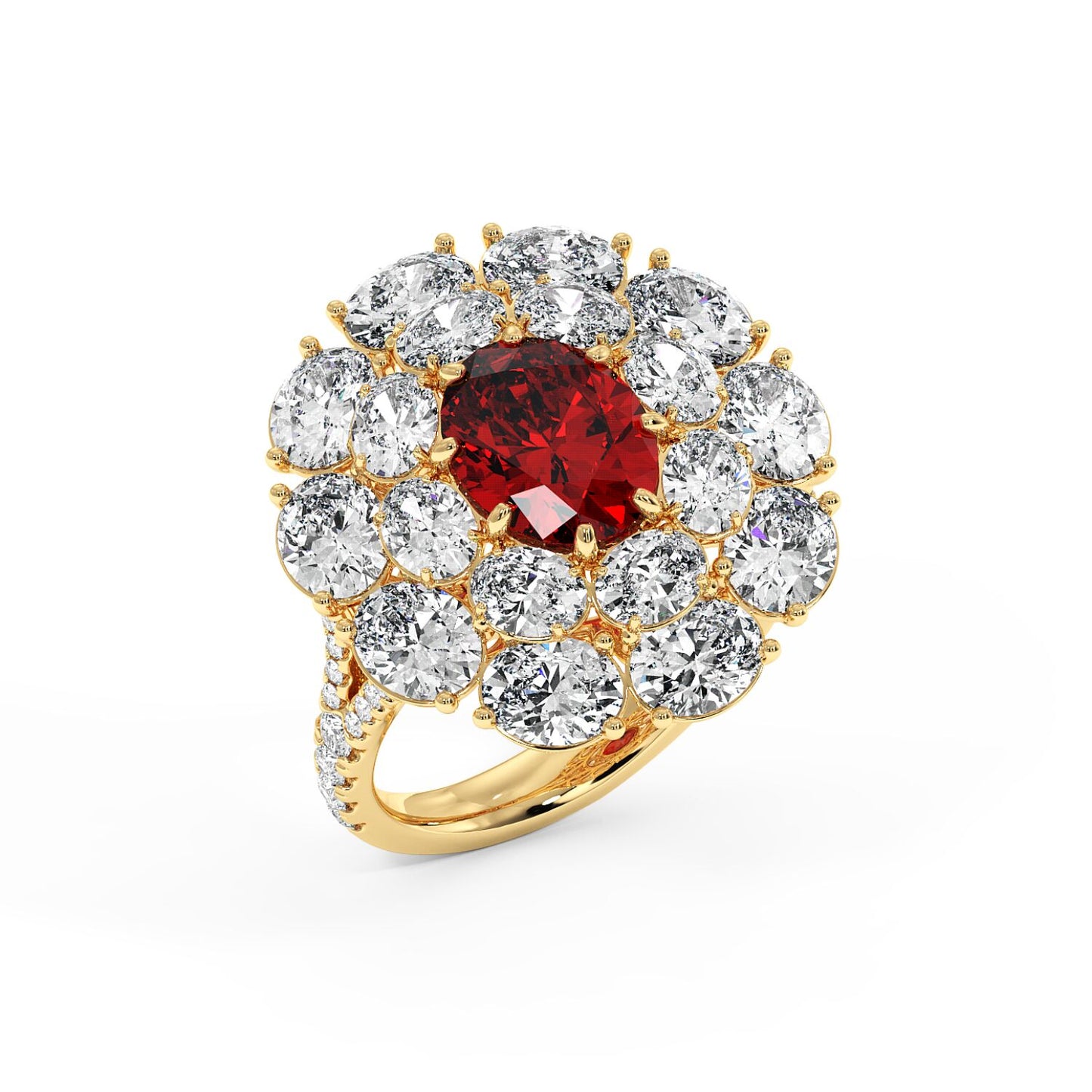 Top view of a 14k gold ring with a 2.50CT oval red ruby surrounded by round white diamonds, showcasing a luxurious and sophisticated design.
