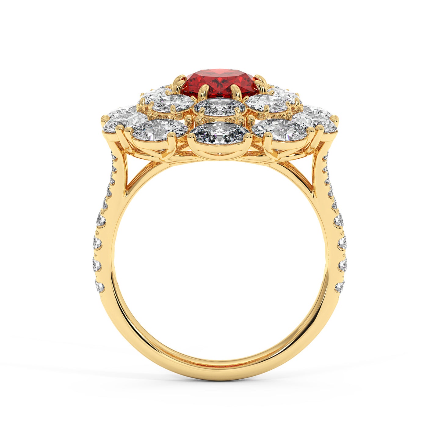 14k gold ring with a 2.50CT oval red ruby surrounded by white diamonds and a diamond-studded band, creating an elegant, luxurious look.