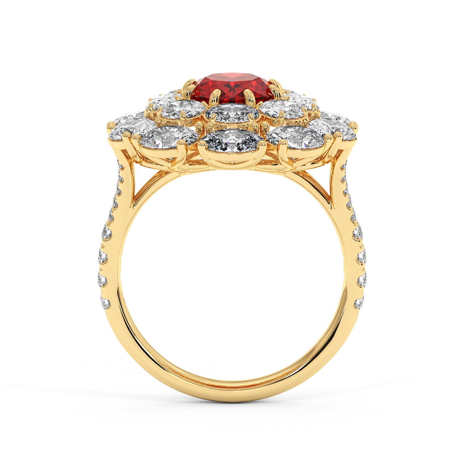 14k gold ring with a 2.50CT oval red ruby surrounded by white diamonds and a diamond-studded band, creating an elegant, luxurious look.