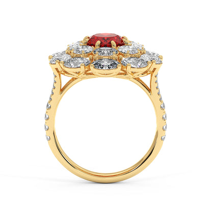 14k gold ring with a 2.50CT oval red ruby surrounded by white diamonds and a diamond-studded band, creating an elegant, luxurious look.